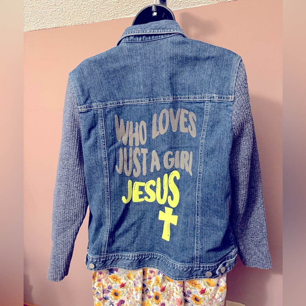 Custom women’s Jean jacket size large. Who Loves Just a Girl Jesus with cross.